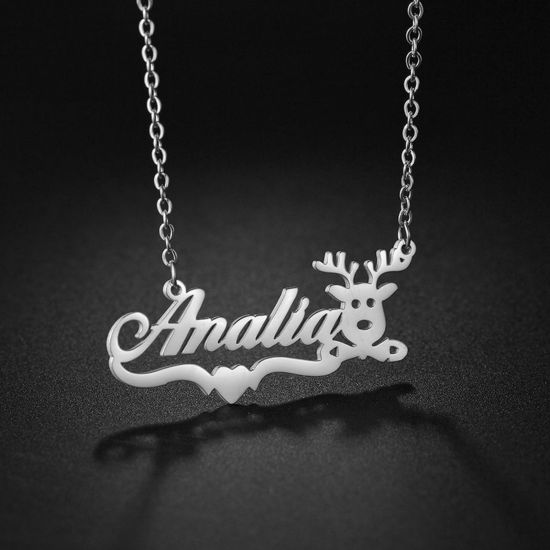 Picture of 1 Piece 304 Stainless Steel Customized Name Necklace Personalized Letter Charm Pendant Christmas Reindeer Silver Tone 45cm(17.7") long