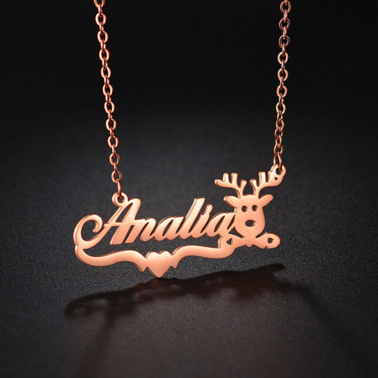 Picture of 1 Piece 304 Stainless Steel Customized Name Necklace Personalized Letter Charm Pendant Christmas Reindeer Rose Gold 45cm(17.7") long