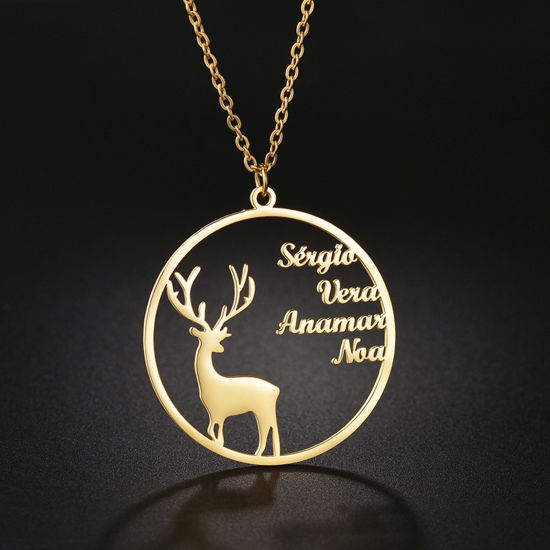 Picture of 1 Piece 304 Stainless Steel Customized Name Necklace Personalized Letter Charm Pendant Christmas Reindeer Gold Plated 45cm(17.7") long