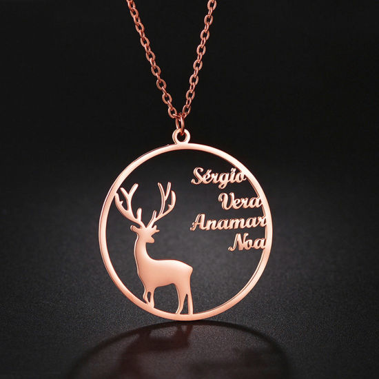 Picture of 1 Piece 304 Stainless Steel Customized Name Necklace Personalized Letter Charm Pendant Christmas Reindeer Rose Gold 45cm(17.7") long