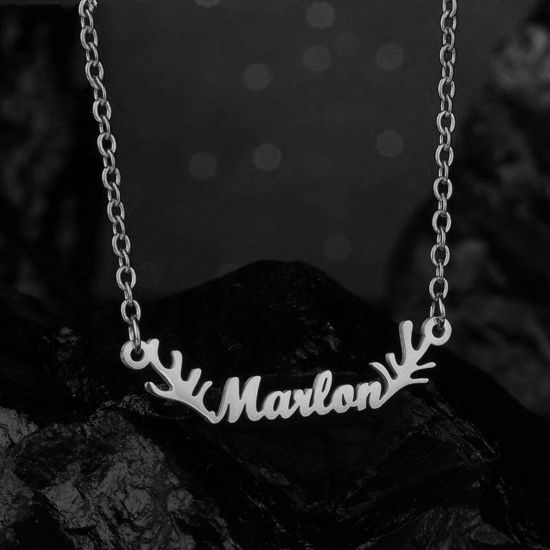 Picture of 1 Piece 304 Stainless Steel Customized Name Necklace Personalized Letter Charm Pendant Antler Silver Tone 45cm(17.7") long