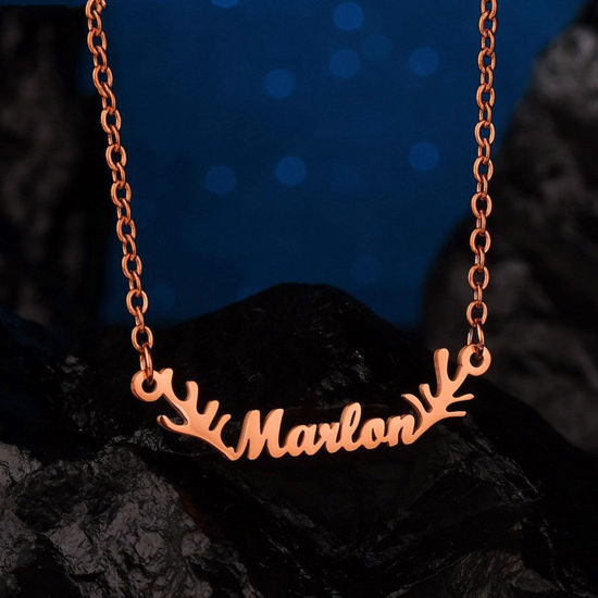 Picture of 1 Piece 304 Stainless Steel Customized Name Necklace Personalized Letter Charm Pendant Antler Rose Gold 45cm(17.7") long