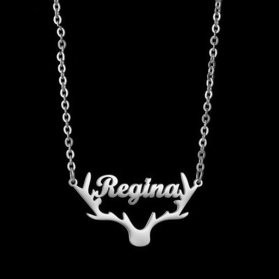 Picture of 1 Piece 304 Stainless Steel Customized Name Necklace Personalized Letter Charm Pendant Antler Silver Tone 45cm(17.7") long