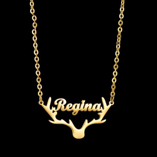 Picture of 1 Piece 304 Stainless Steel Customized Name Necklace Personalized Letter Charm Pendant Antler Gold Plated 45cm(17.7") long