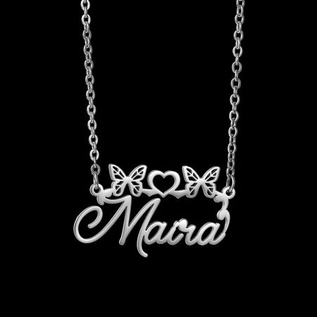 Picture of 1 Piece 304 Stainless Steel Customized Name Necklace Personalized Letter Charm Pendant Butterfly Animal Heart Silver Tone 45cm(17.7") long