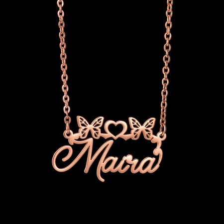 Picture of 1 Piece 304 Stainless Steel Customized Name Necklace Personalized Letter Charm Pendant Butterfly Animal Heart Rose Gold 45cm(17.7") long