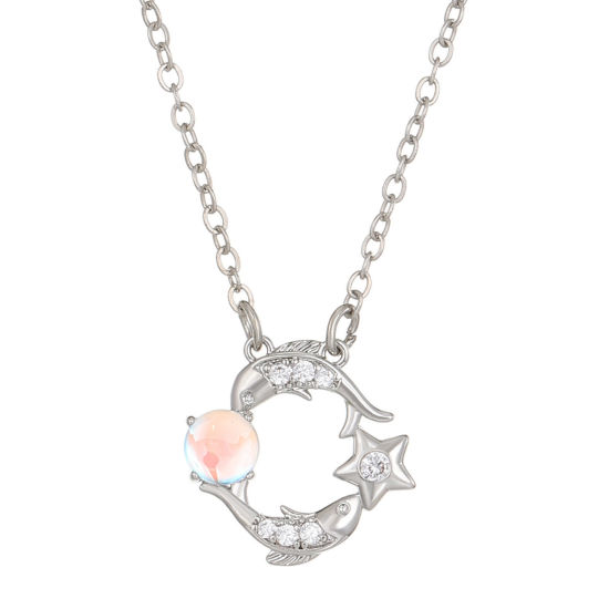 Picture of Brass Stylish Pendant Necklace Pentagram Star Pisces Sign Of Zodiac Constellations Platinum Plated Imitation Moonstone 51cm(20 1/8") long, 1 Piece                                                                                                            