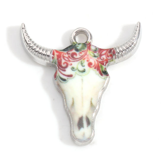 Imagen de Zamak Bohemia Colgantes Charms Tono de Plata Multicolor Cabeza de Toro/Cabeza de Vaca Flor Esmalte 22mm x 21mm, 10 Unidades