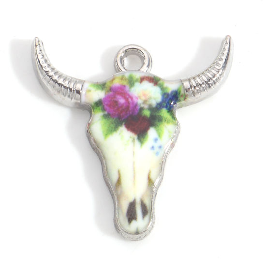 Imagen de Zamak Bohemia Colgantes Charms Tono de Plata Multicolor Cabeza de Toro/Cabeza de Vaca Flor Esmalte 22mm x 21mm, 10 Unidades