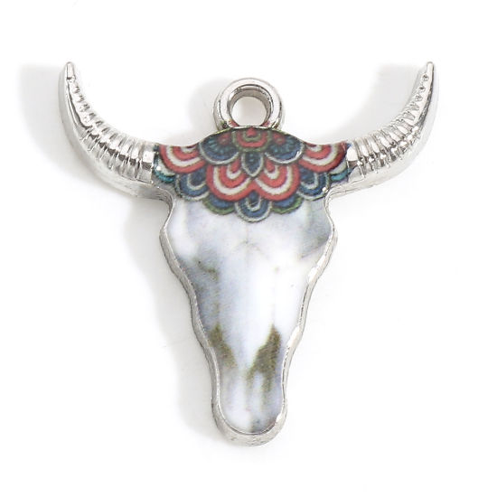 Imagen de Zamak Bohemia Colgantes Charms Tono de Plata Multicolor Cabeza de Toro/Cabeza de Vaca Esmalte 22mm x 21mm, 10 Unidades