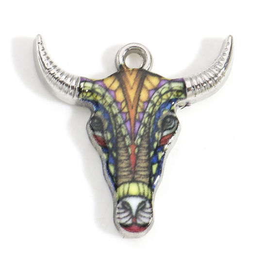 Imagen de Zamak Bohemia Colgantes Charms Tono de Plata Multicolor Cabeza de Toro/Cabeza de Vaca Esmalte 22mm x 21mm, 10 Unidades