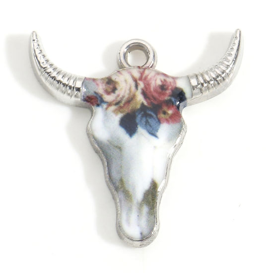 Imagen de Zamak Bohemia Colgantes Charms Tono de Plata Multicolor Cabeza de Toro/Cabeza de Vaca Flor Esmalte 22mm x 21mm, 10 Unidades