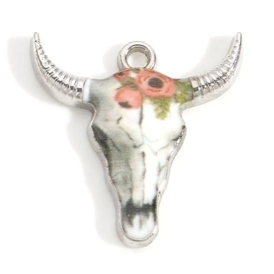 Imagen de Zamak Bohemia Colgantes Charms Tono de Plata Multicolor Cabeza de Toro/Cabeza de Vaca Flor Esmalte 22mm x 21mm, 10 Unidades