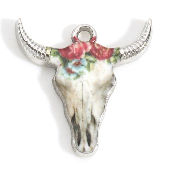Imagen de Zamak Bohemia Colgantes Charms Tono de Plata Multicolor Cabeza de Toro/Cabeza de Vaca Flor Esmalte 22mm x 21mm, 10 Unidades