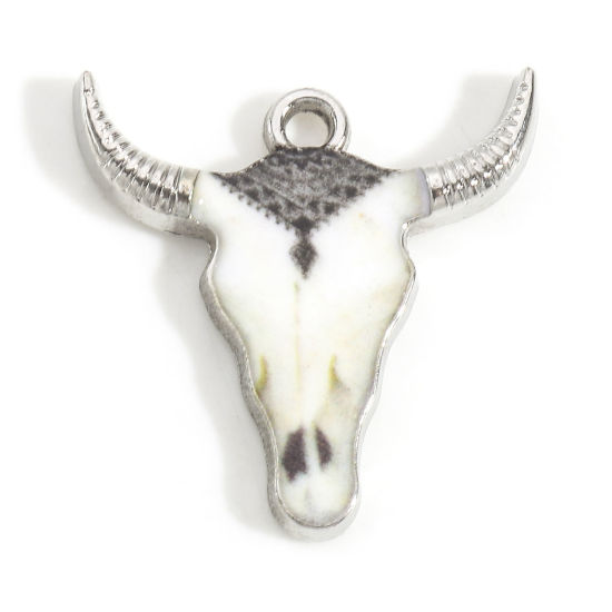 Imagen de Zamak Bohemia Colgantes Charms Tono de Plata Multicolor Cabeza de Toro/Cabeza de Vaca Esmalte 22mm x 21mm, 10 Unidades