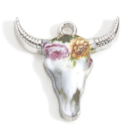 Imagen de Zamak Bohemia Colgantes Charms Tono de Plata Multicolor Cabeza de Toro/Cabeza de Vaca Flor Esmalte 22mm x 21mm, 10 Unidades