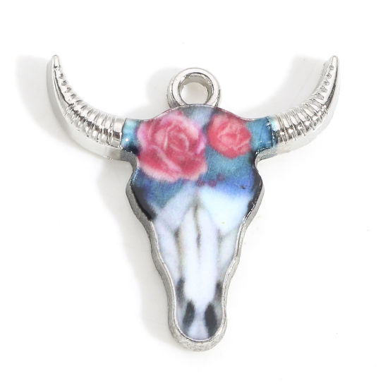 Imagen de Zamak Bohemia Colgantes Charms Tono de Plata Multicolor Cabeza de Toro/Cabeza de Vaca Flor Esmalte 22mm x 21mm, 10 Unidades