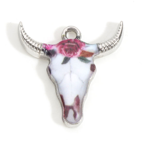 Imagen de Zamak Bohemia Colgantes Charms Tono de Plata Multicolor Cabeza de Toro/Cabeza de Vaca Esmalte 22mm x 21mm, 10 Unidades