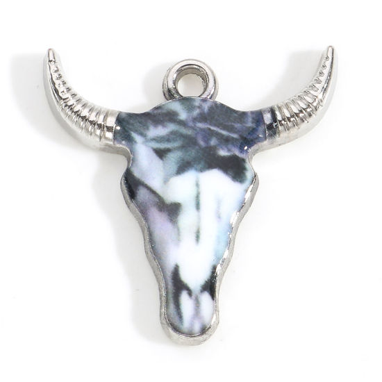 Imagen de Zamak Bohemia Colgantes Charms Tono de Plata Multicolor Cabeza de Toro/Cabeza de Vaca Esmalte 22mm x 21mm, 10 Unidades