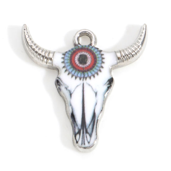 Imagen de Zamak Bohemia Colgantes Charms Tono de Plata Multicolor Cabeza de Toro/Cabeza de Vaca Esmalte 22mm x 21mm, 10 Unidades