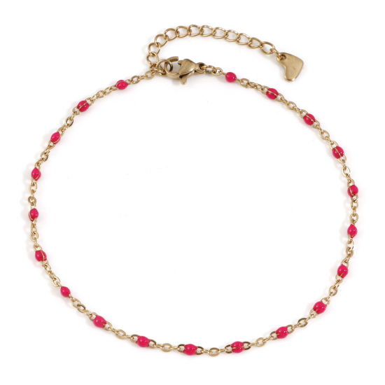 Picture of 304 Stainless Steel Link Cable Chain Anklet 18K Gold Color Fuchsia Enamel 23.5cm(9 2/8") long, 1 Piece