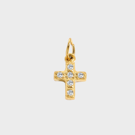 Picture of 316 Stainless Steel Charms 14K Real Gold Plated Cross Clear Rhinestone 8mm Dia., 1 Piece