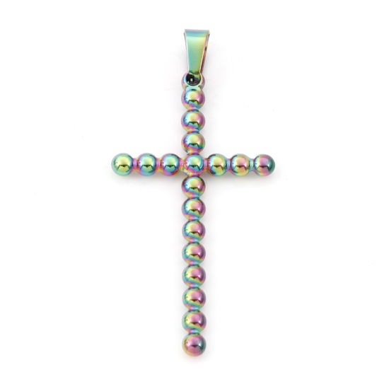 Bild von 1 Stück Umweltfreundliche PVD-Vakuumbeschichtung 304 Edelstahl Charms Kreuz Regenbogenfarbe Plattiert 5.5cm x 2.5cm
