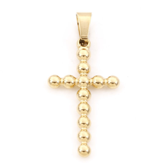Picture of 304 Stainless Steel Charms 18K Gold Color Cross 4cm x 1.8cm, 1 Piece