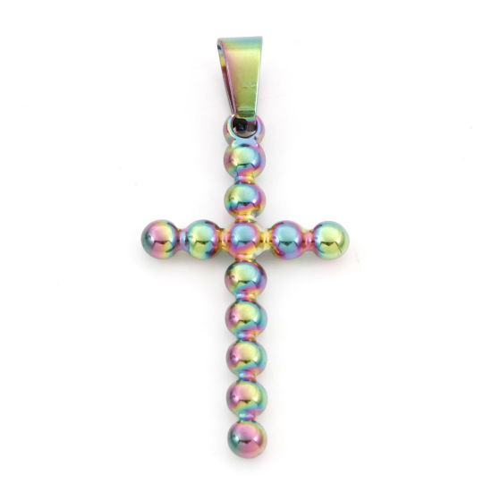 Picture of 304 Stainless Steel Charms Rainbow Color Plated Cross 4cm x 1.8cm, 1 Piece