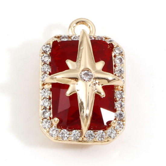 Immagine di Ottone + Vetro Galassia Charms Rettangolo 18K Vero Oro Placcato Rosso Stella Trasparente Cubic Zirconiae 17.5mm x 11mm, 1 Pz