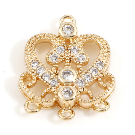 Bild von Messing Königlicher Stil Charms Herz 18K Echtgold plattiert Hohl Klar Zirkonia 15.5mm x 12.5mm, 2 Stück