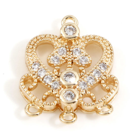 Immagine di Ottone Stile del Carattere della Corte Reale Charms Accessori Cuore 18K Vero Oro Placcato Filigrana Trasparente Cubic Zirconiae 15.5mm x 12.5mm, 2 Pz
