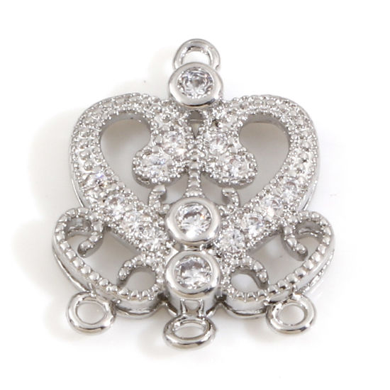 Immagine di Ottone Stile del Carattere della Corte Reale Charms Accessori Cuore Vero Platino Placcato Filigrana Trasparente Cubic Zirconiae 15.5mm x 12.5mm, 2 Pz