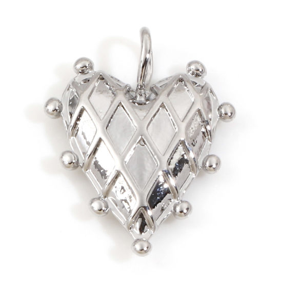 Изображение Латунь День святого Валентина Подвески Сердце Настоящее платиновое покрытие Клетка 19мм x 14мм, 2 ШТ