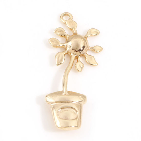 Immagine di Ottone Charms Fiore 18K Vero Oro Placcato Pianta in Caso 26.5mm x 10mm, 2 Pz