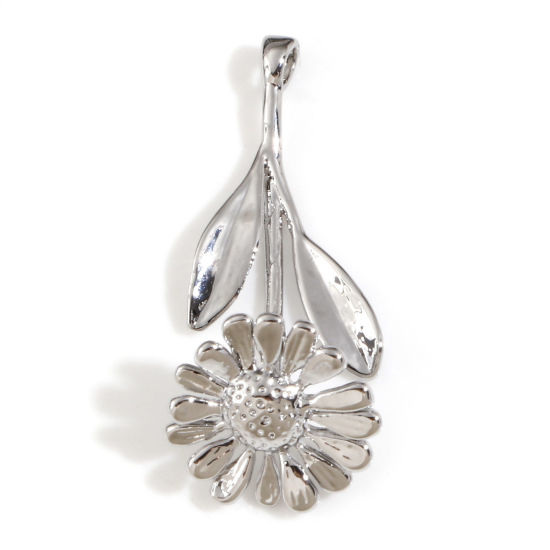 Изображение Латунь Подвески Цветы Настоящее платиновое покрытие Трехмерный 28мм x 12мм, 2 ШТ