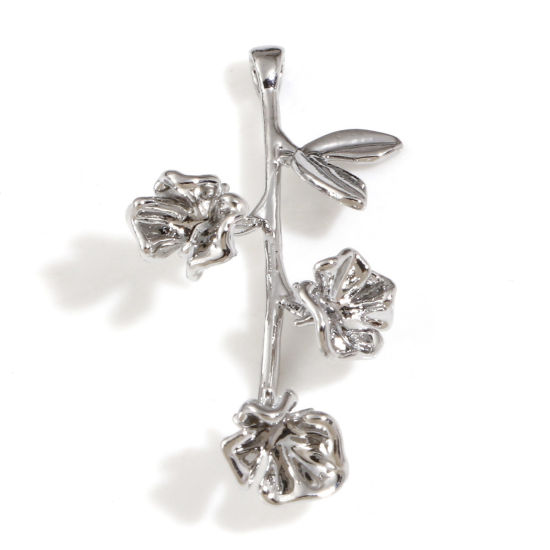 Изображение Латунь Подвески Цветы Настоящее платиновое покрытие Трехмерный 3см x 1.6см, 2 ШТ