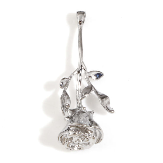 Изображение Латунь Подвески Цветы Настоящее платиновое покрытие Трехмерный 29.5мм x 12мм, 2 ШТ