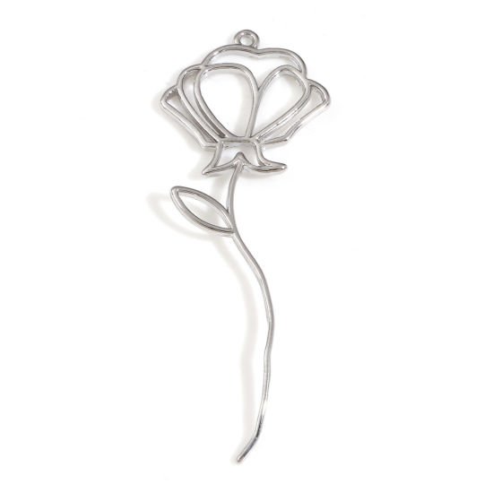 Изображение Латунь Подвески Цветок Листья Матовое Серебро ажурная резьба 4.2см x 1.7см, 2 ШТ                                                                                                                                                                              