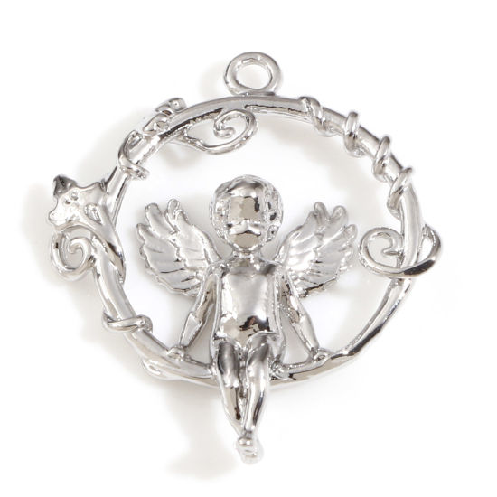 Picture of Brass Religious Charms Real Platinum Plated Flower Vine Angel 23mm x 19mm, 2 PCs                                                                                                                                                                              