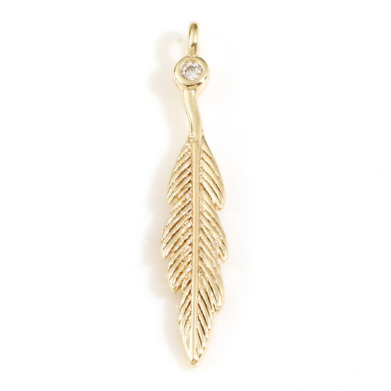 Picture of Brass Charms 18K Real Gold Plated Feather Clear Cubic Zirconia 23.5mm x 4mm, 2 PCs                                                                                                                                                                            