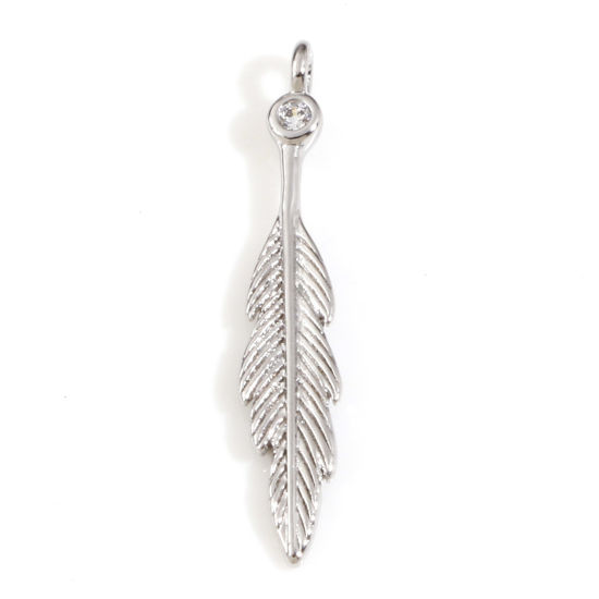 Picture of Brass Charms Real Platinum Plated Feather Clear Cubic Zirconia 23.5mm x 4mm, 2 PCs                                                                                                                                                                            