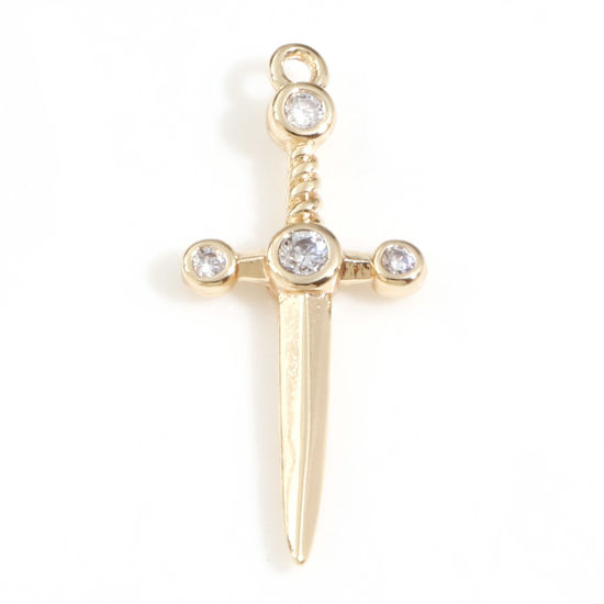 Picture of Brass Charms 18K Real Gold Plated Sword Clear Cubic Zirconia 19.5mm x 8.5mm, 2 PCs                                                                                                                                                                            