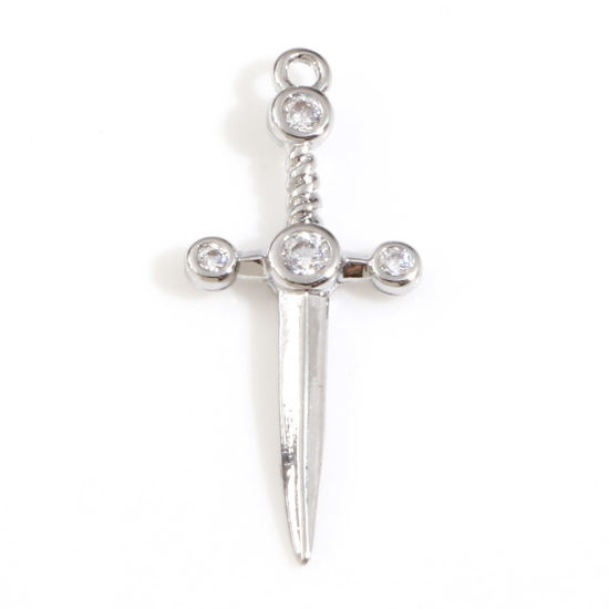 Picture of Brass Charms Real Platinum Plated Sword Clear Cubic Zirconia 19.5mm x 8.5mm, 2 PCs                                                                                                                                                                            