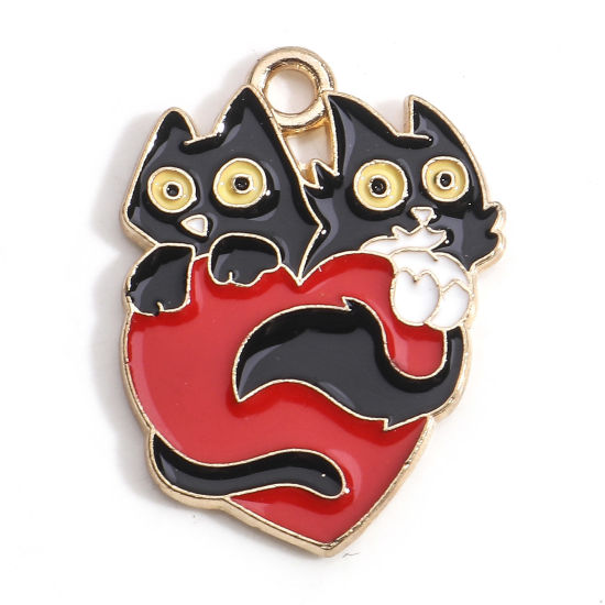 Immagine di Lega di Zinco Halloween Charms Oro Placcato Nero & Rosso Gatto Cuore Smalto 24mm x 18mm, 10 Pz