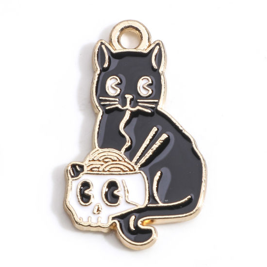 Immagine di Lega di Zinco Halloween Charms Oro Placcato Nero & Bianco Gatto Cranio Smalto 25mm x 15mm, 10 Pz