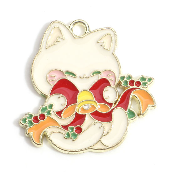 Immagine di Lega di Zinco Natale Charms Oro Placcato Multicolore Gatto Sonaglio Smalto 26mm x 26mm, 10 Pz
