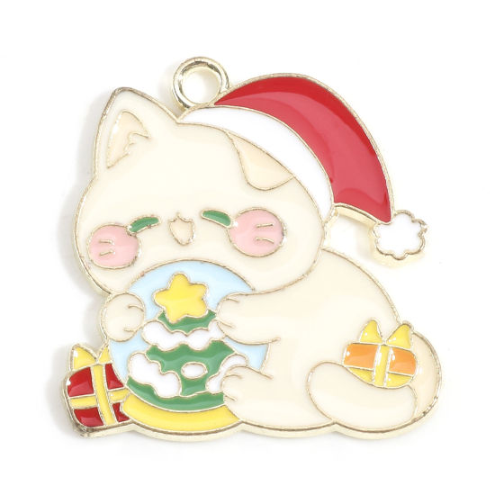 Immagine di Lega di Zinco Natale Charms Oro Placcato Multicolore Gatto Cappelli di Natale Smalto 27mm x 26mm, 10 Pz