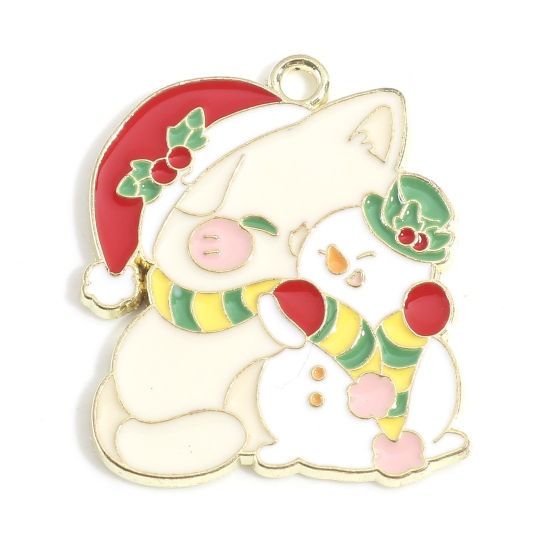 Immagine di Lega di Zinco Natale Charms Oro Placcato Multicolore Gatto Fantoccio di Neve Smalto 3cm x 2.5cm, 10 Pz