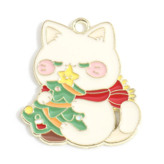 Immagine di Lega di Zinco Natale Charms Oro Placcato Multicolore Gatto Albero di Natale Smalto 29mm x 26mm, 10 Pz